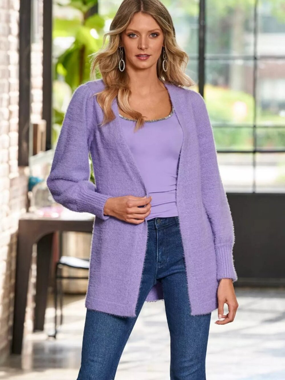 Boston Proper, Size Med, Plush Balloon Sleeve Cardigan in Lilac